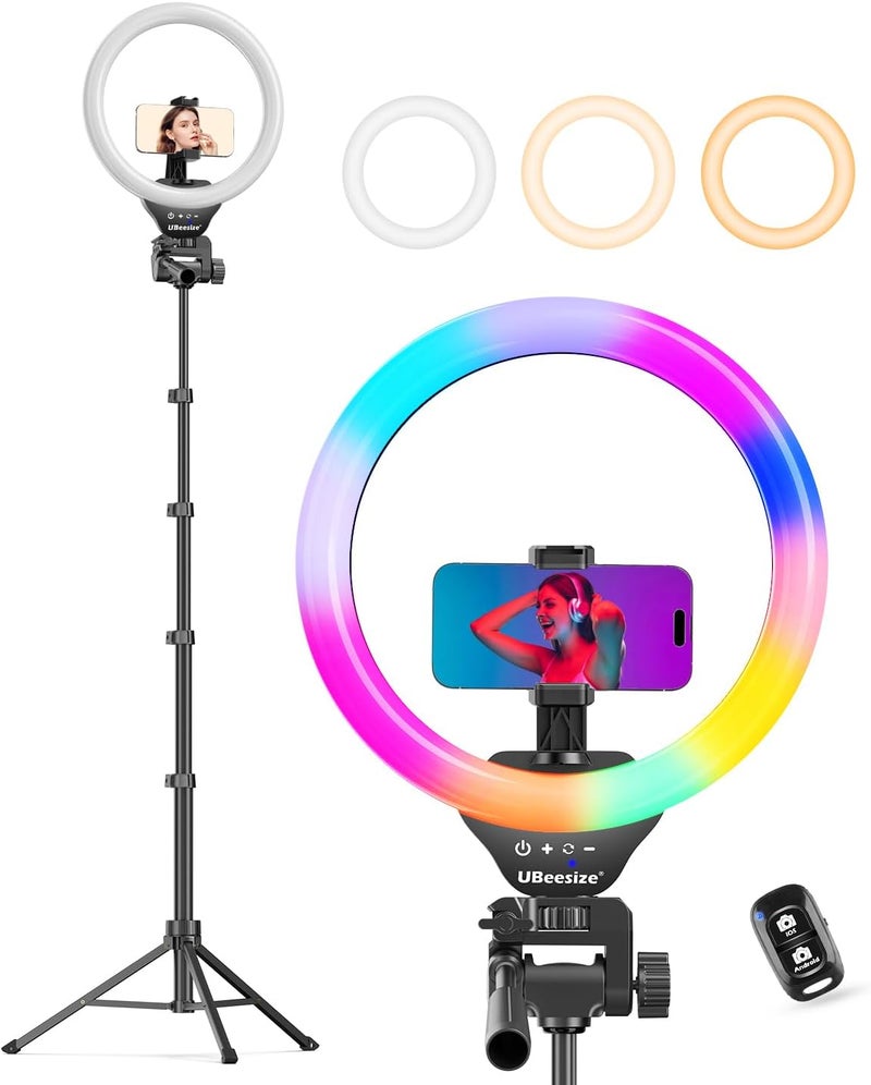 UBeesize 12'' RGB Selfie Ring Light with 62’’ Tripod Stand for Video Recording＆Live Streaming(YouTube, Instagram, TIK Tok), Compatible with Phones, Cameras and Webcams - Image 1
